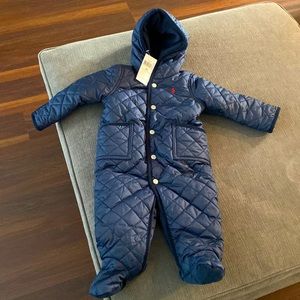BRAND NEW WITH TAGS. RALPH LAUREN BABY HOODED BUNTING. NAVY BLUE. 9 MONTHS.